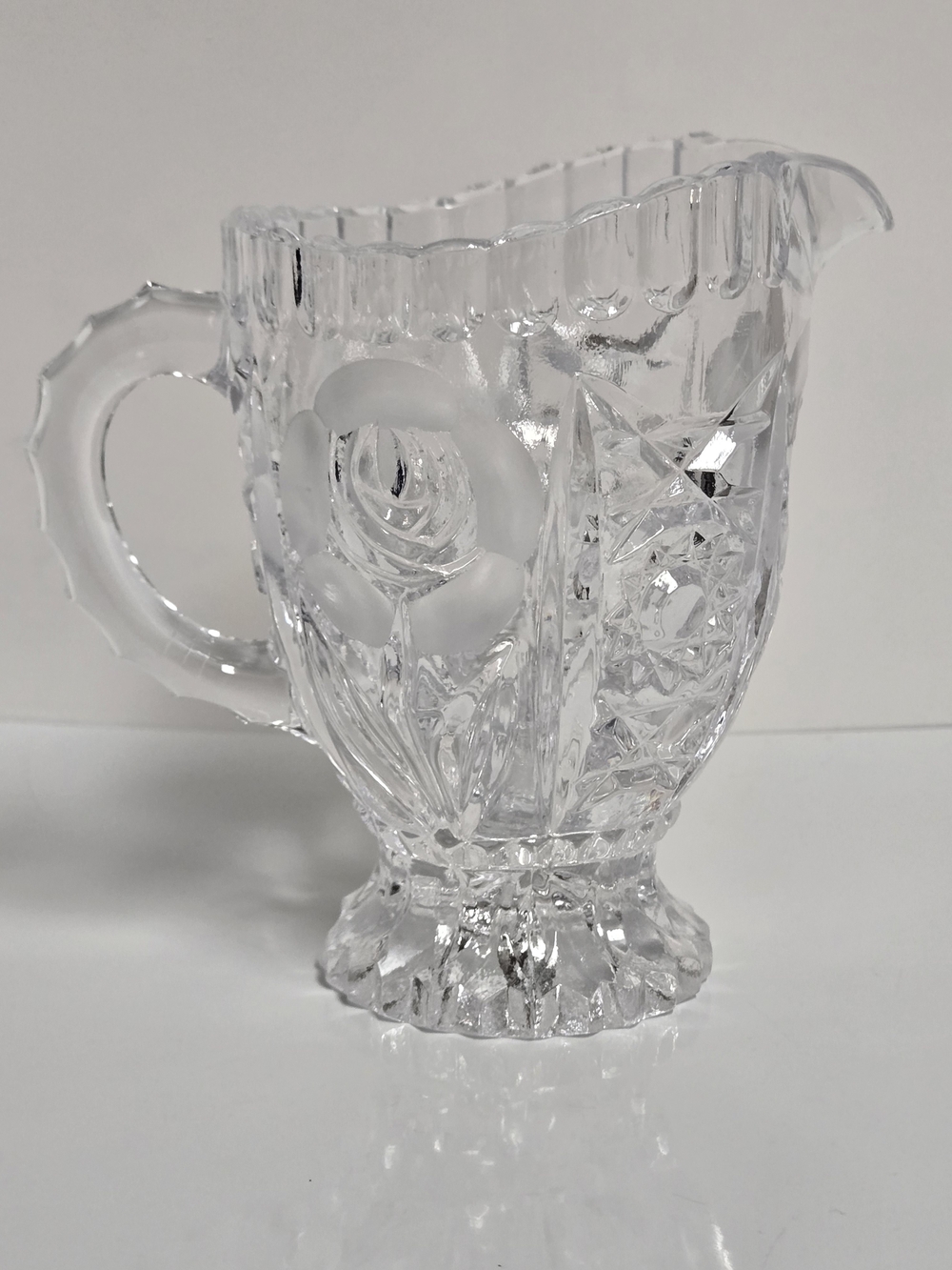 Vintage Cut Glass Pitcher, Rose Motiff